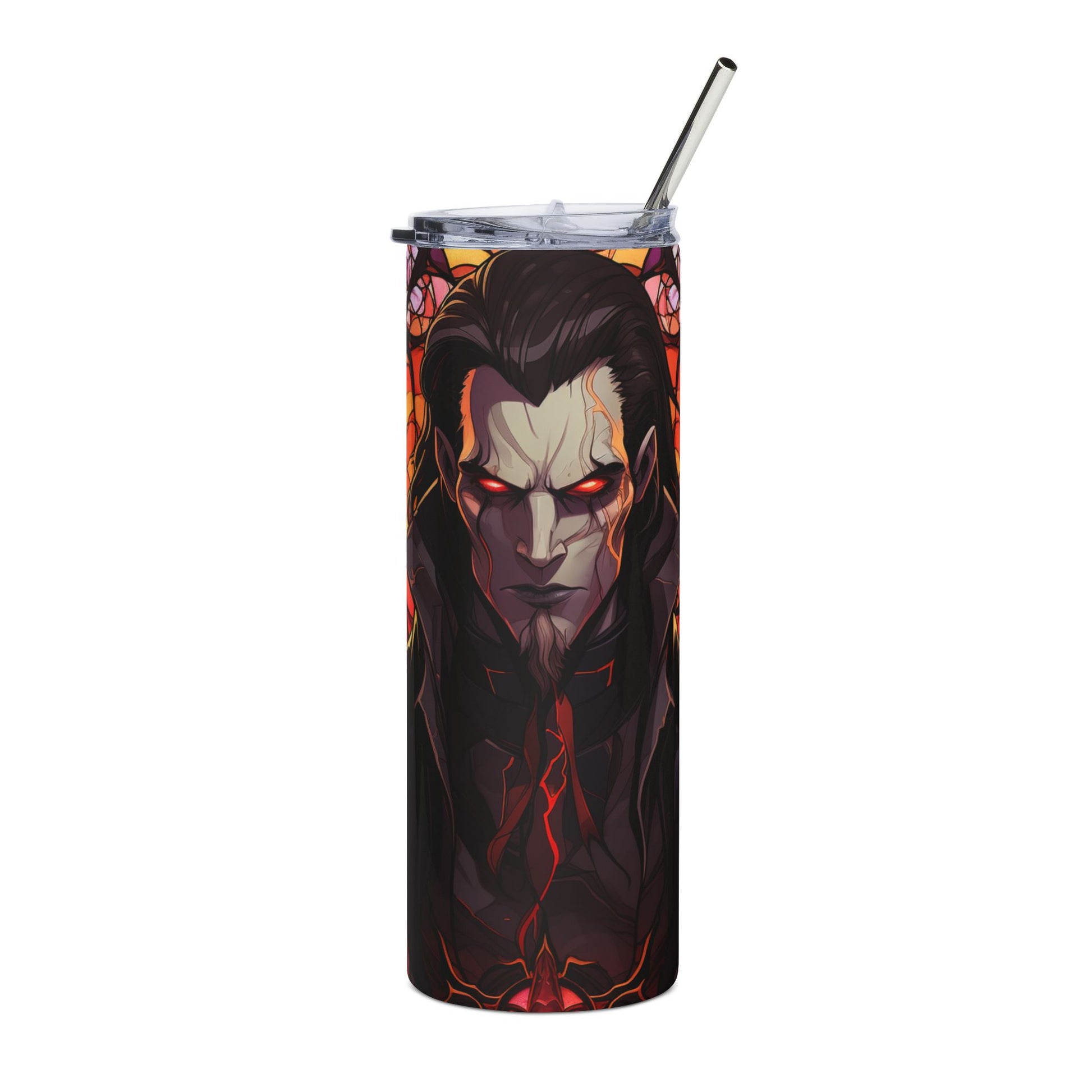 Dark vampire portrait on a tumbler with a metal straw and lid.