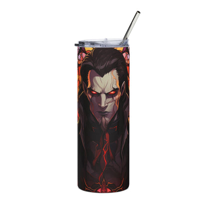 Dark vampire portrait on a tumbler with a metal straw and lid.