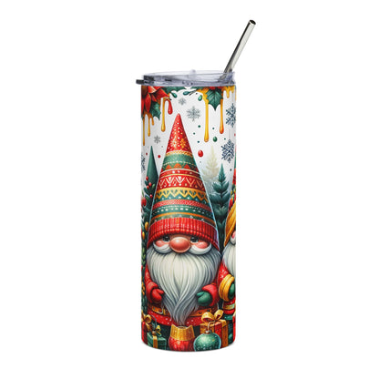 Christmas gnome tumbler with festive hat, presents, and trees.