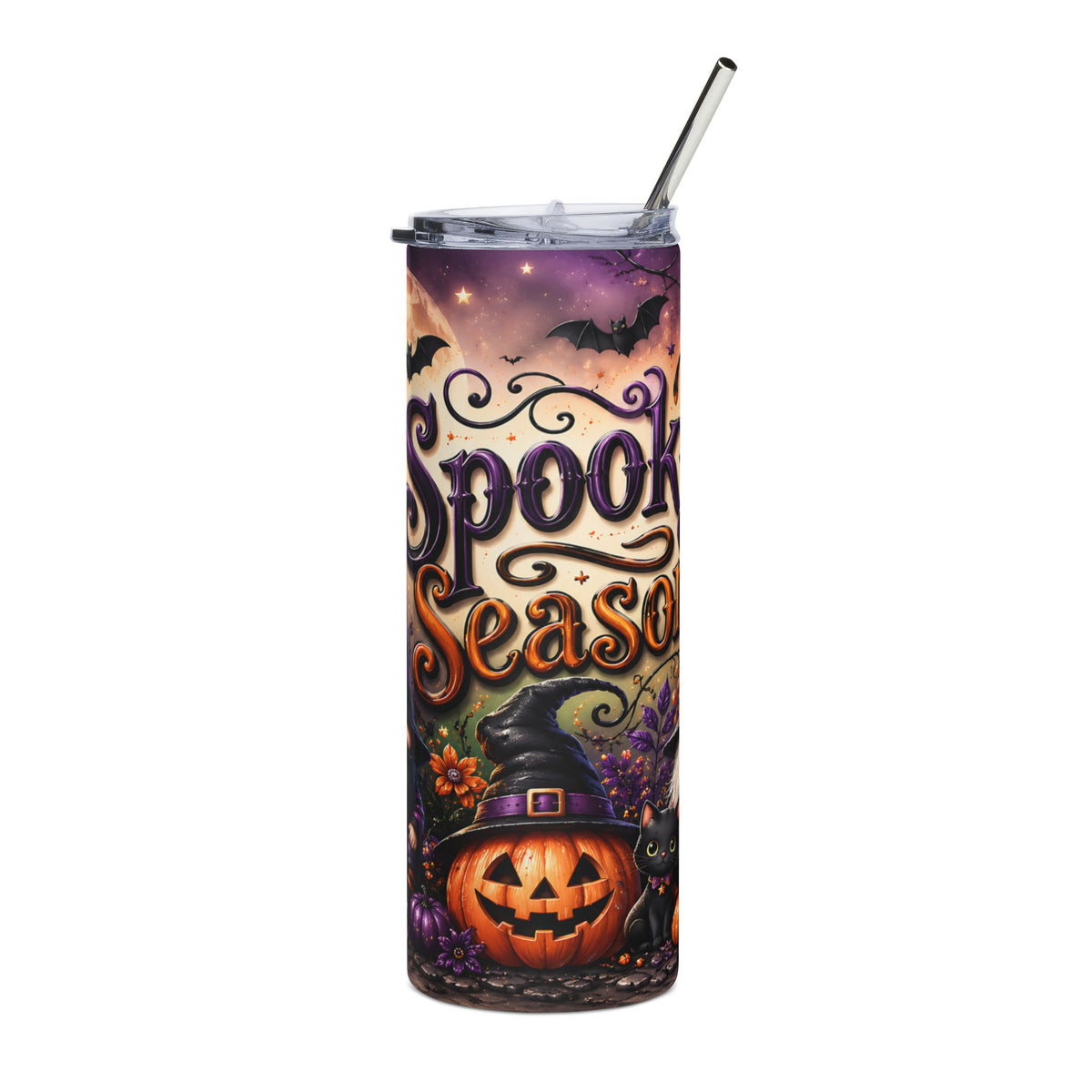Tumbler with "Spook Season" text, jack-o-lantern, witch hat, black cat, and bats.
