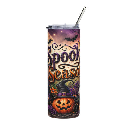 Tumbler with "Spook Season" text, jack-o-lantern, witch hat, black cat, and bats.