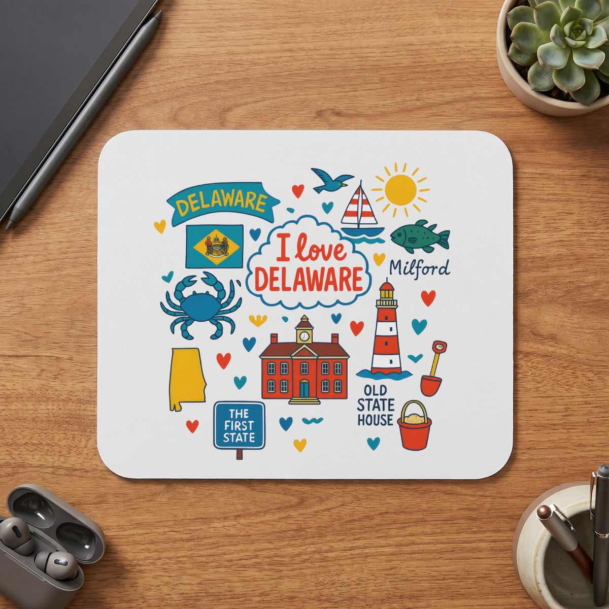 Delaware map, flag, crab, lighthouse, and landmarks with "I love Delaware" text.