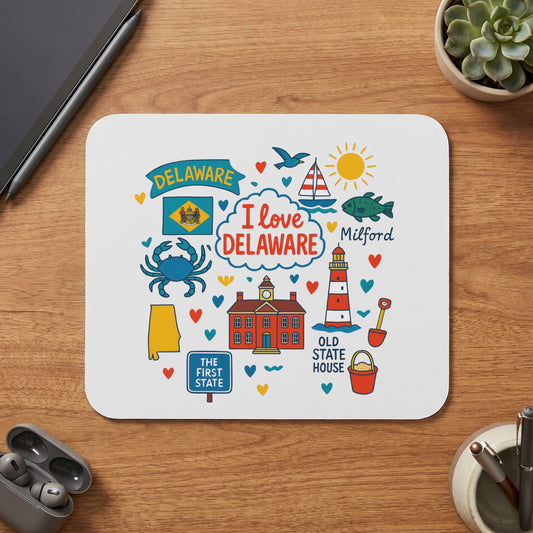 Delaware map, flag, crab, lighthouse, and landmarks with "I love Delaware" text.