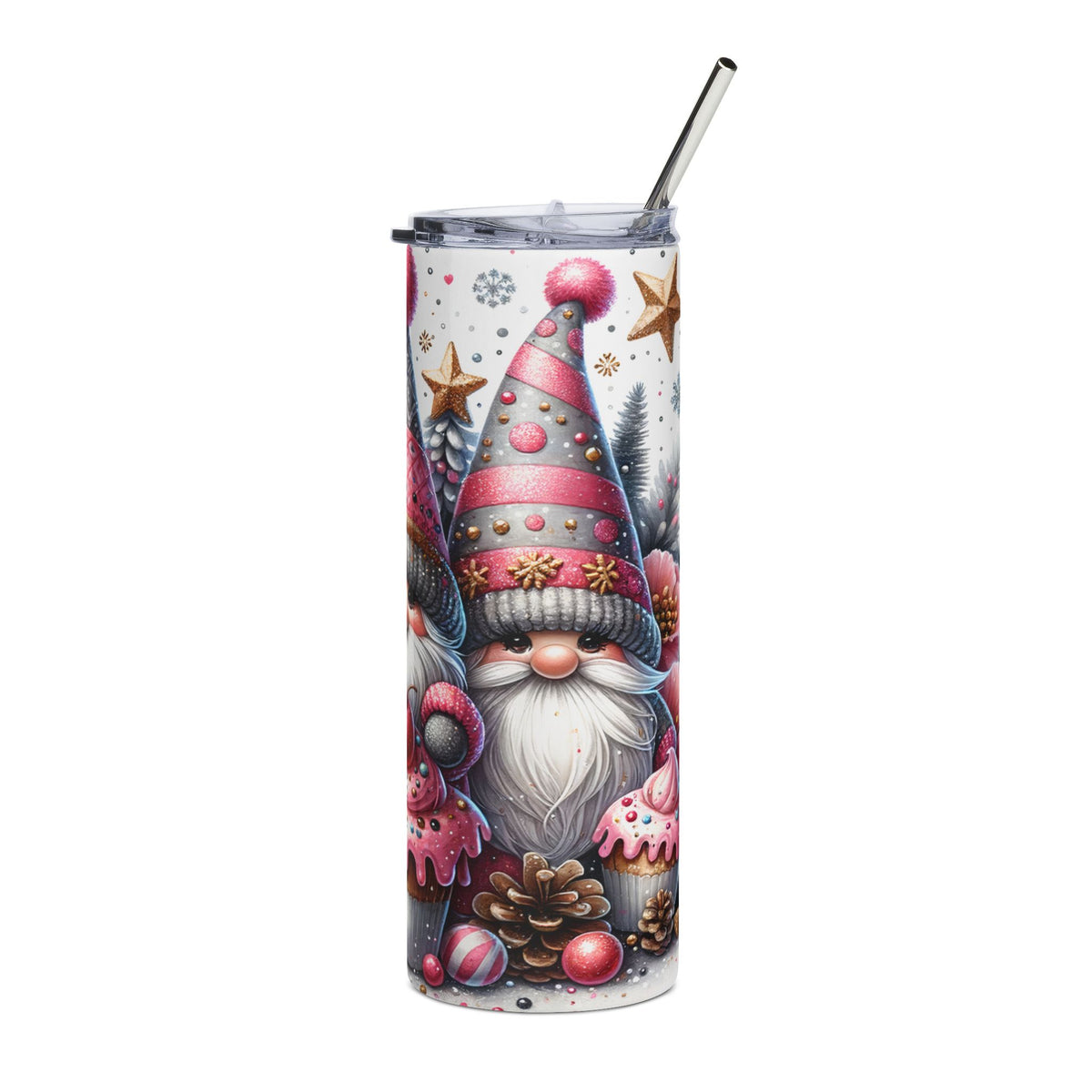 Tumbler with Christmas gnomes, snowflakes, stars, pinecones, and cupcakes design.