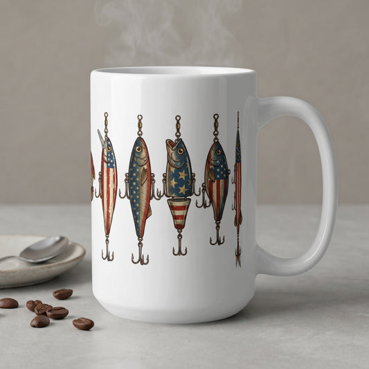 White mug with vintage American flag fishing lures design.