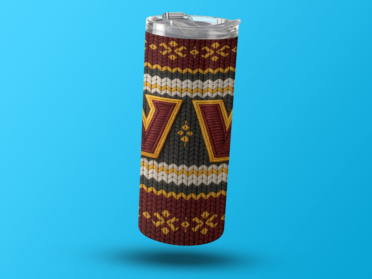 Tumbler with red, black, white, and yellow knitted pattern and large "W" logo.