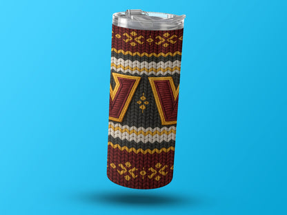 Tumbler with red, black, white, and yellow knitted pattern and large "W" logo.