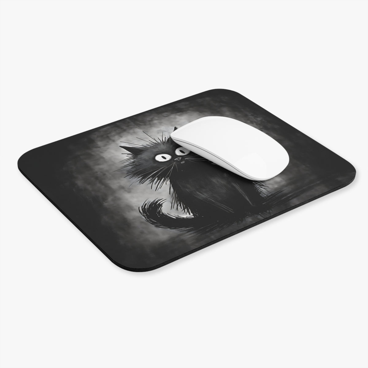 A rectangular black mousepad featuring a whimsical, fluffy black cat illustration with a white computer mouse on top.