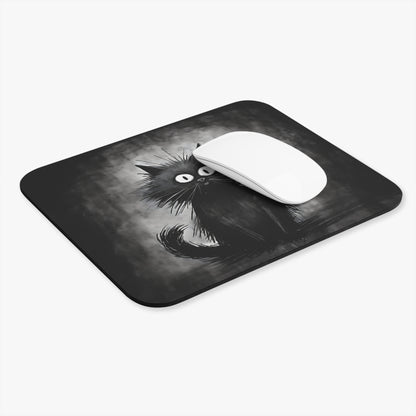 A rectangular black mousepad featuring a whimsical, fluffy black cat illustration with a white computer mouse on top.