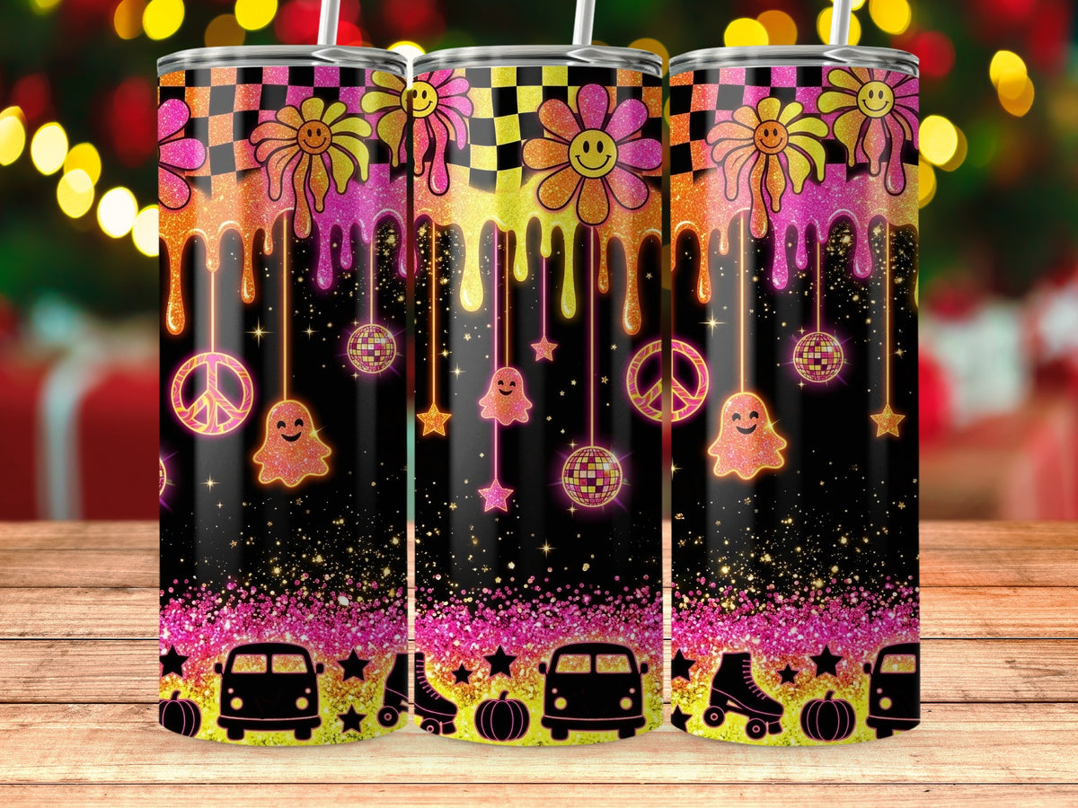 Three tumblers with psychedelic flower, ghost, and peace sign designs.