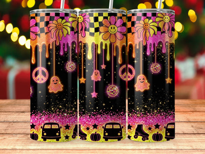 Three tumblers with psychedelic flower, ghost, and peace sign designs.