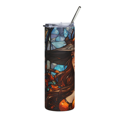 Tumbler with stained glass witch and autumnal motifs, metal straw.