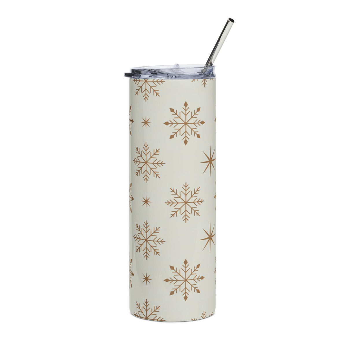 Tall tumbler with a beige background and brown snowflake pattern and a metal straw.