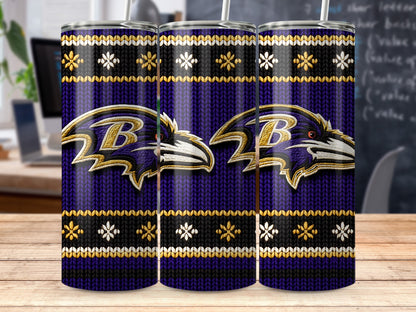 Baltimore Ravens logo on a purple, black, and gold knit-patterned tumbler.