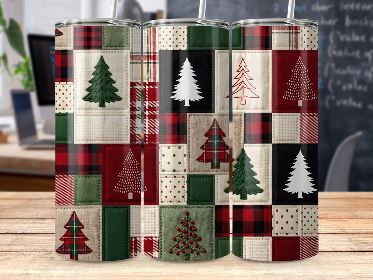 Quilted tumbler with patchwork Christmas trees, plaid, and polka dot patterns.