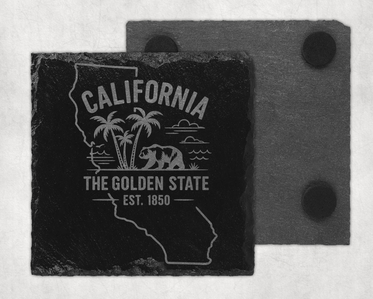 Black slate coaster with California outline, bear, palm trees, and text.