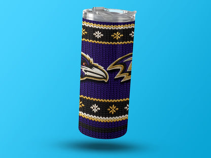 Purple tumbler with Baltimore Ravens logo and snowflake pattern.