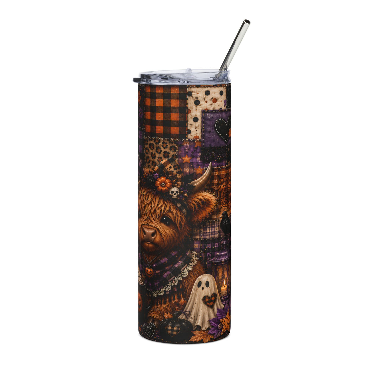 Tumbler with a Highland cow, ghost, pumpkins, and plaid Halloween pattern.