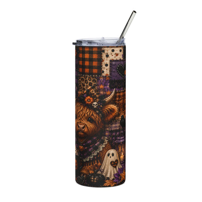Tumbler with a Highland cow, ghost, pumpkins, and plaid Halloween pattern.
