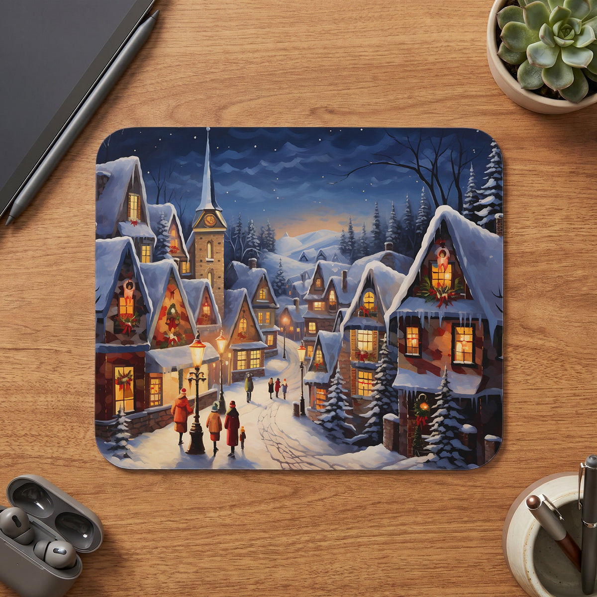 Snowy village scene at night with decorated houses and people walking