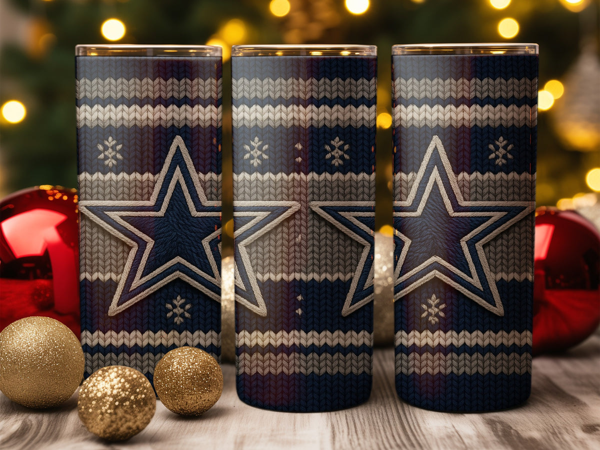 Three tumblers with blue, white, and gray knit pattern and a large white star.