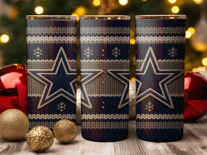 Three tumblers with blue, white, and gray knit pattern and a large white star.