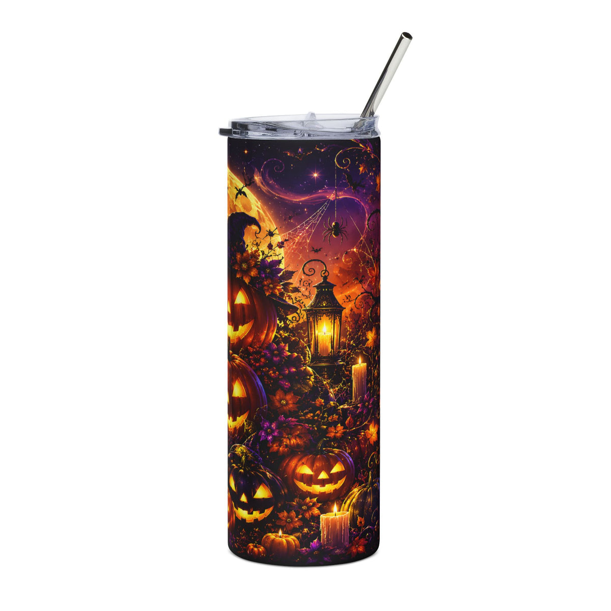 Tumbler with glowing jack-o'-lanterns, spooky moon, bats, spiders, and candles.