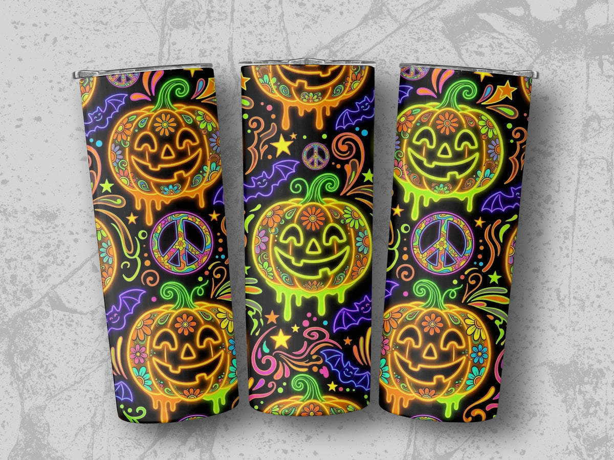 Three tumblers with glowing neon Halloween pumpkin, bat, and peace sign patterns.