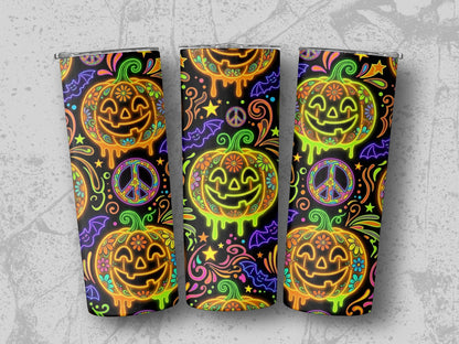Three tumblers with glowing neon Halloween pumpkin, bat, and peace sign patterns.