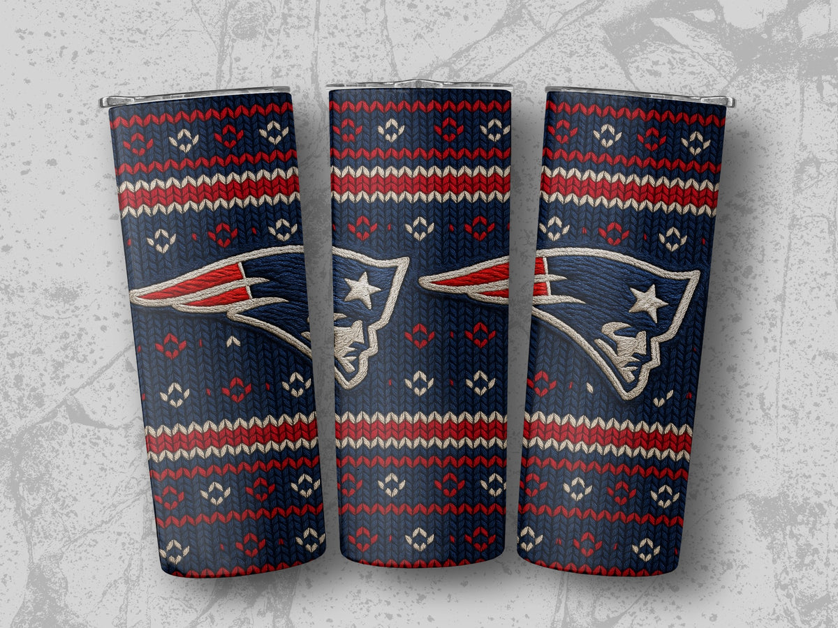Three New England Patriots tumblers with a navy blue, red, and white knit pattern.