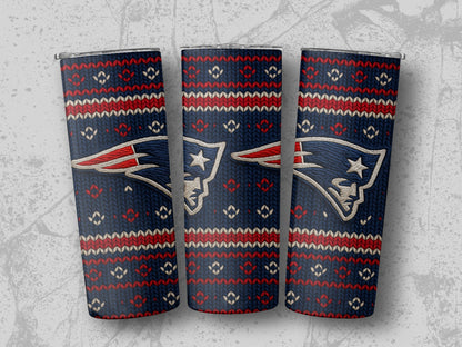 Three New England Patriots tumblers with a navy blue, red, and white knit pattern.