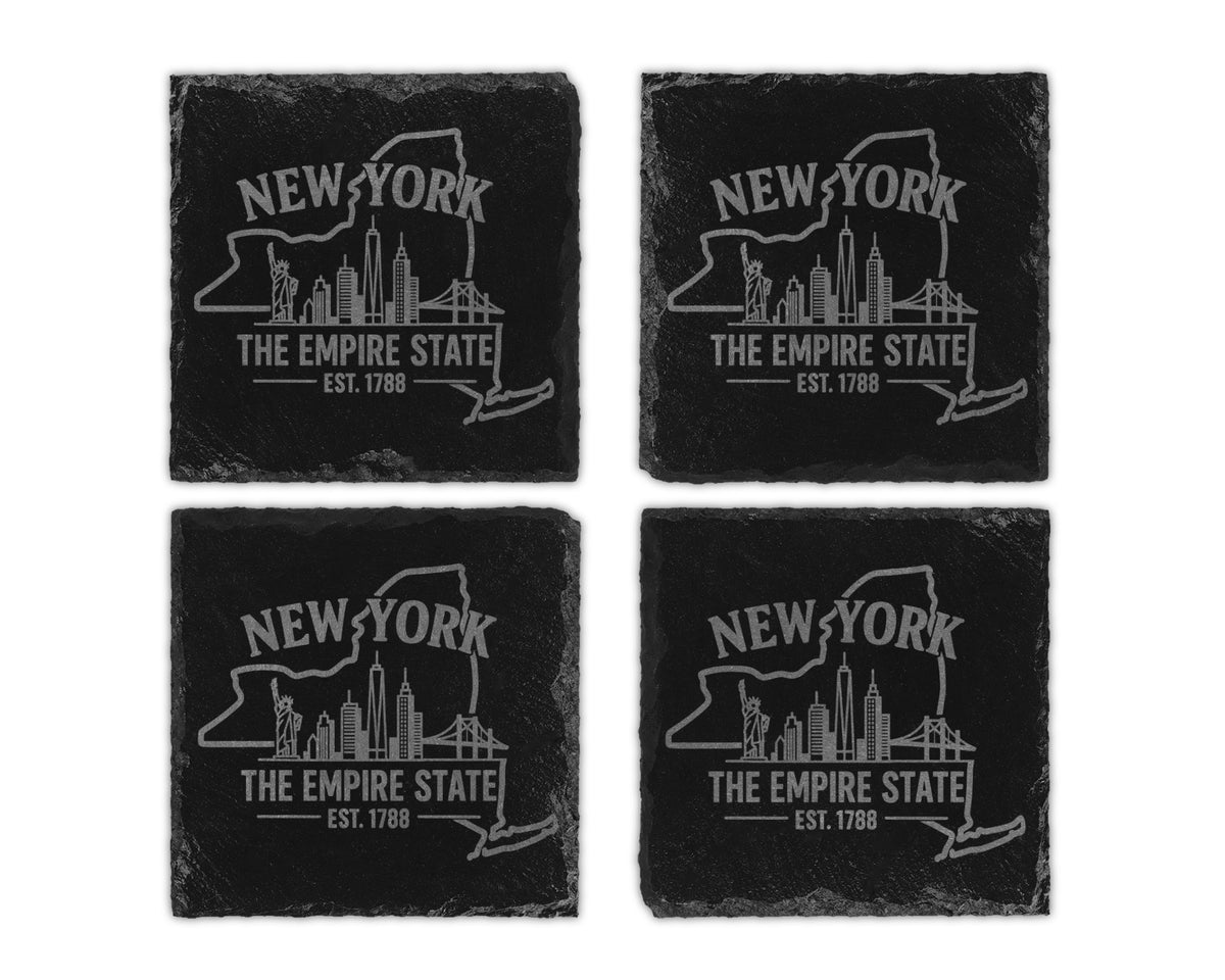 Four New York Empire State slate coasters with skyline and EST. 1788.