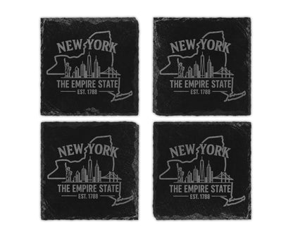 Four New York Empire State slate coasters with skyline and EST. 1788.