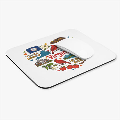 Mousepad with Virginia icons: flag, cardinals, apples, historic building, and text.