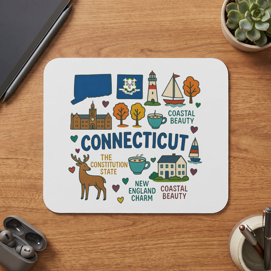 Connecticut map, flag, and icons with text: "CONNECTICUT", "THE CONSTITUTION STATE", "NEW ENGLAND CHARM", "COASTAL BEAUTY".
