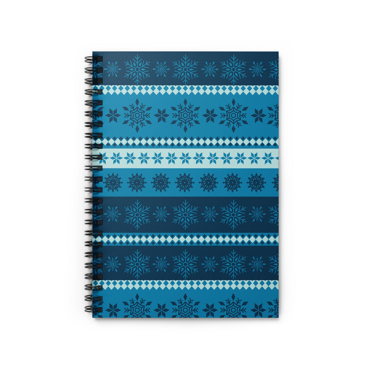 Spiral-bound notebook with a blue and dark blue snowflake pattern.