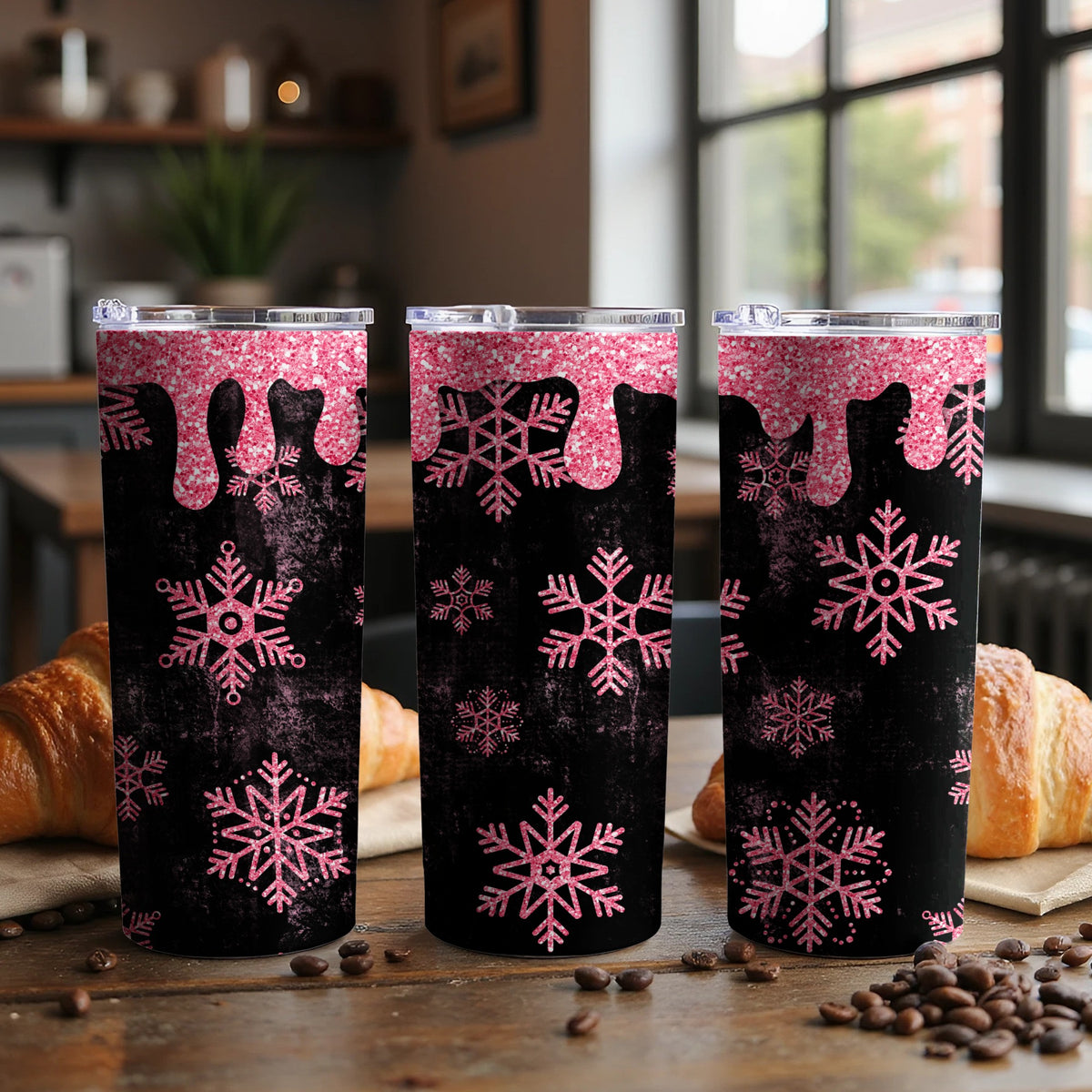 Three tumblers with pink glitter drips and snowflakes on a black background.