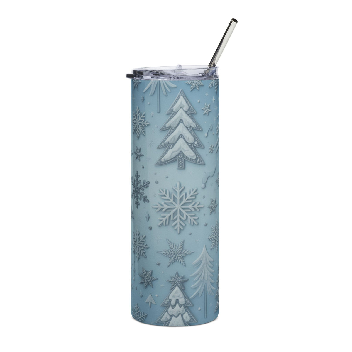 Blue tumbler with embossed snowflakes and Christmas trees and a silver straw.