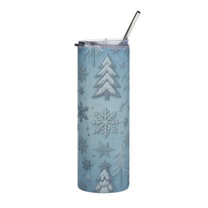 Blue tumbler with embossed snowflakes and Christmas trees and a silver straw.