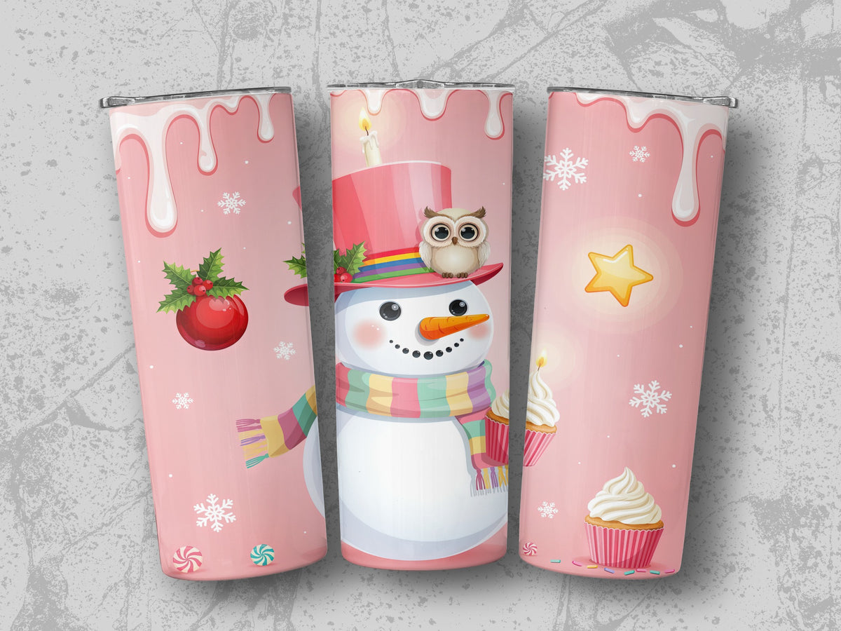 Three tumblers with pink backgrounds featuring a snowman, ornaments, snowflakes, and cupcakes.