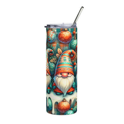 Tumbler with Christmas gnomes, ornaments, and plaid pattern, featuring a metal straw.