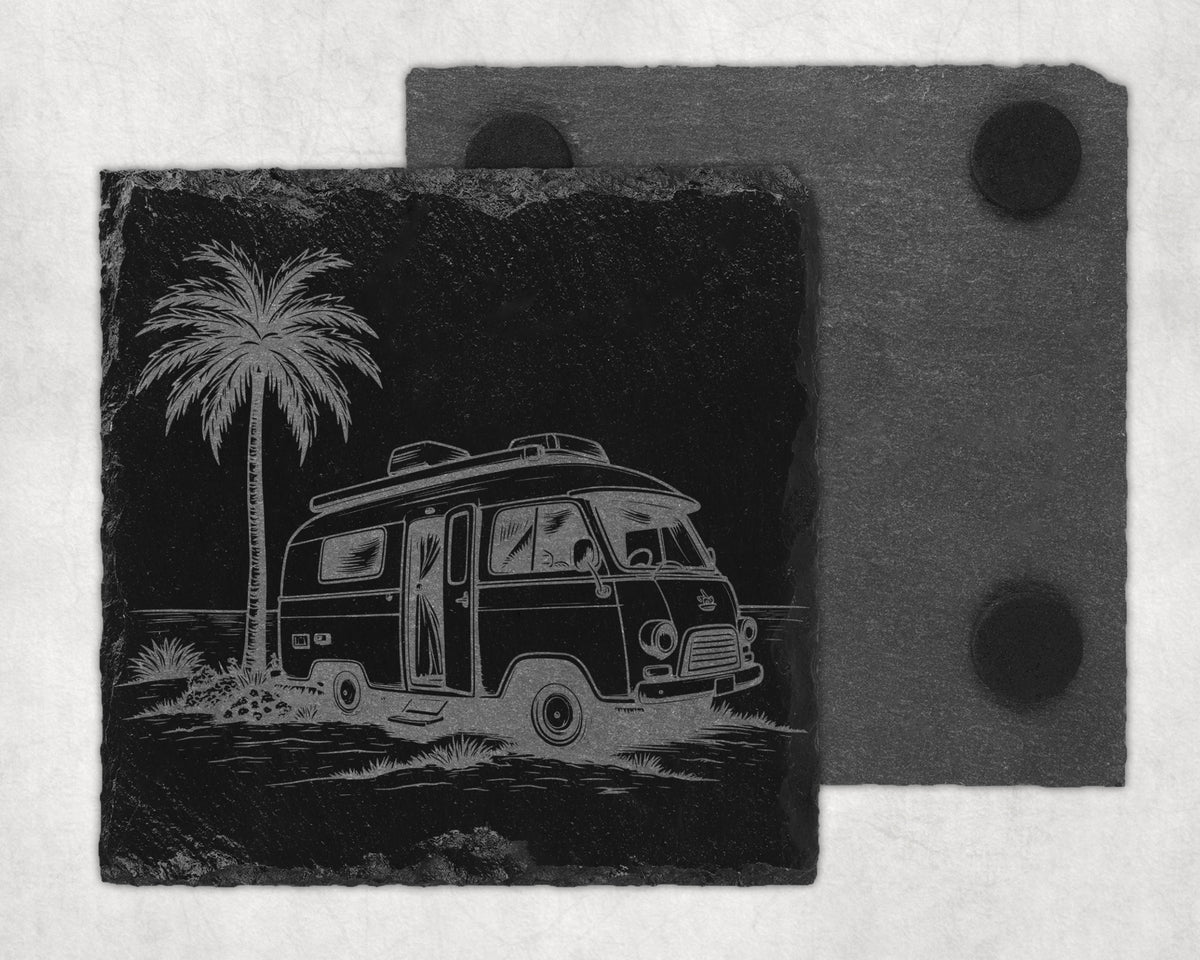 Engraved slate coaster with vintage camper van and palm tree scene.