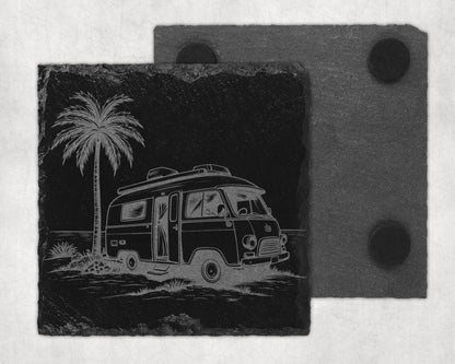 Engraved slate coaster with vintage camper van and palm tree scene.