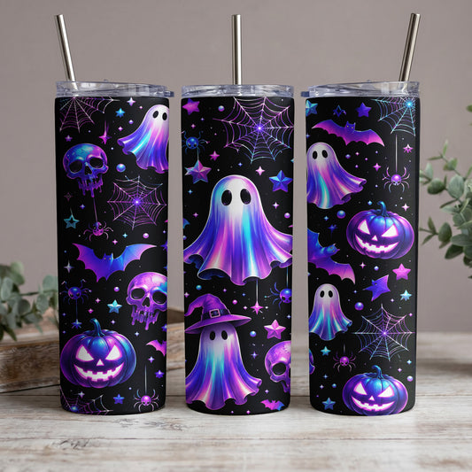 Three tumblers with a holographic Halloween pattern of ghosts, skulls, pumpkins, bats, spiders, and webs.