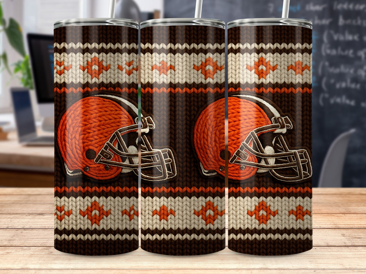 Browns helmets on a brown, knit-pattern tumbler with orange and white accents.