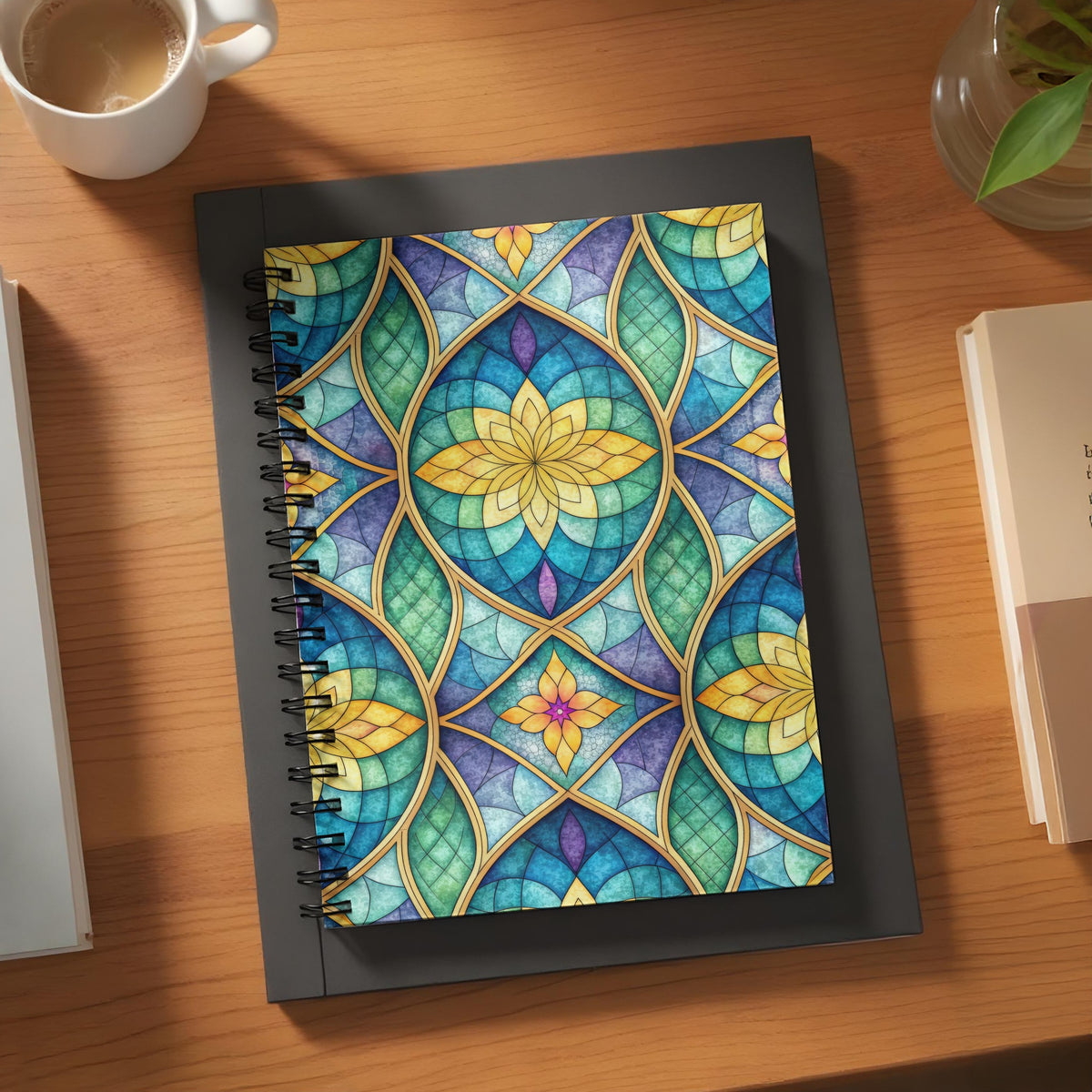 Spiral notebook with colorful stained glass floral pattern on cover