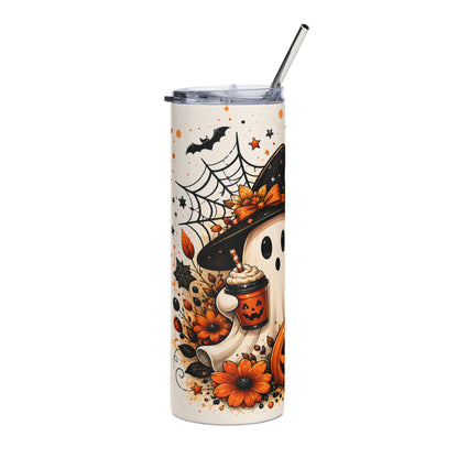 Halloween tumbler with ghost, pumpkin, flowers, bats, and spiderwebs.