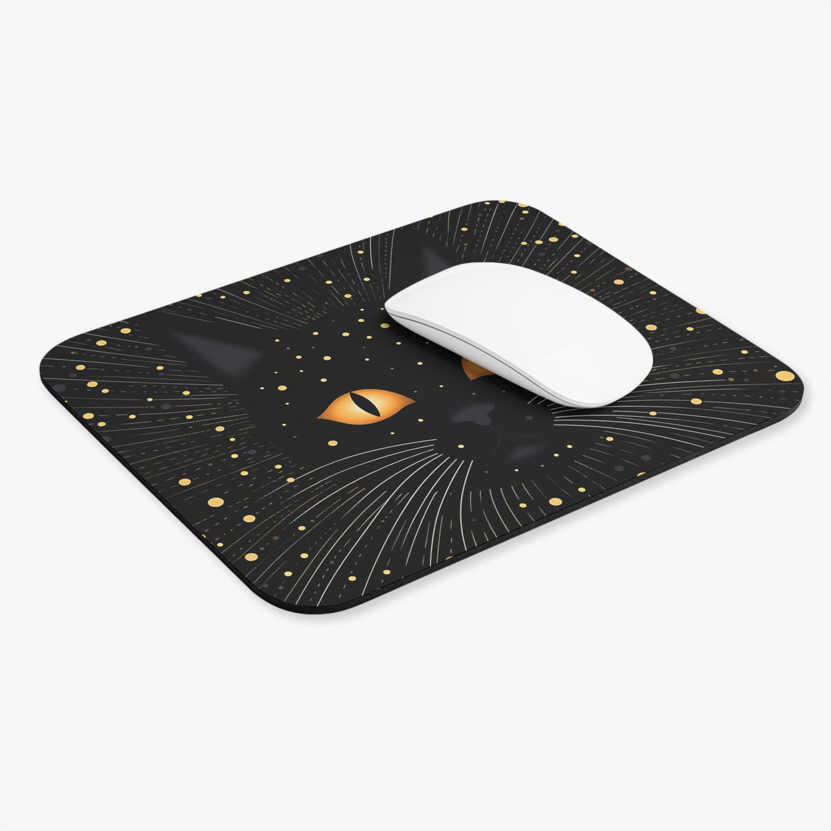 Black mouse pad featuring a celestial black cat face design with glowing gold eyes and stars, beneath a white computer mouse.