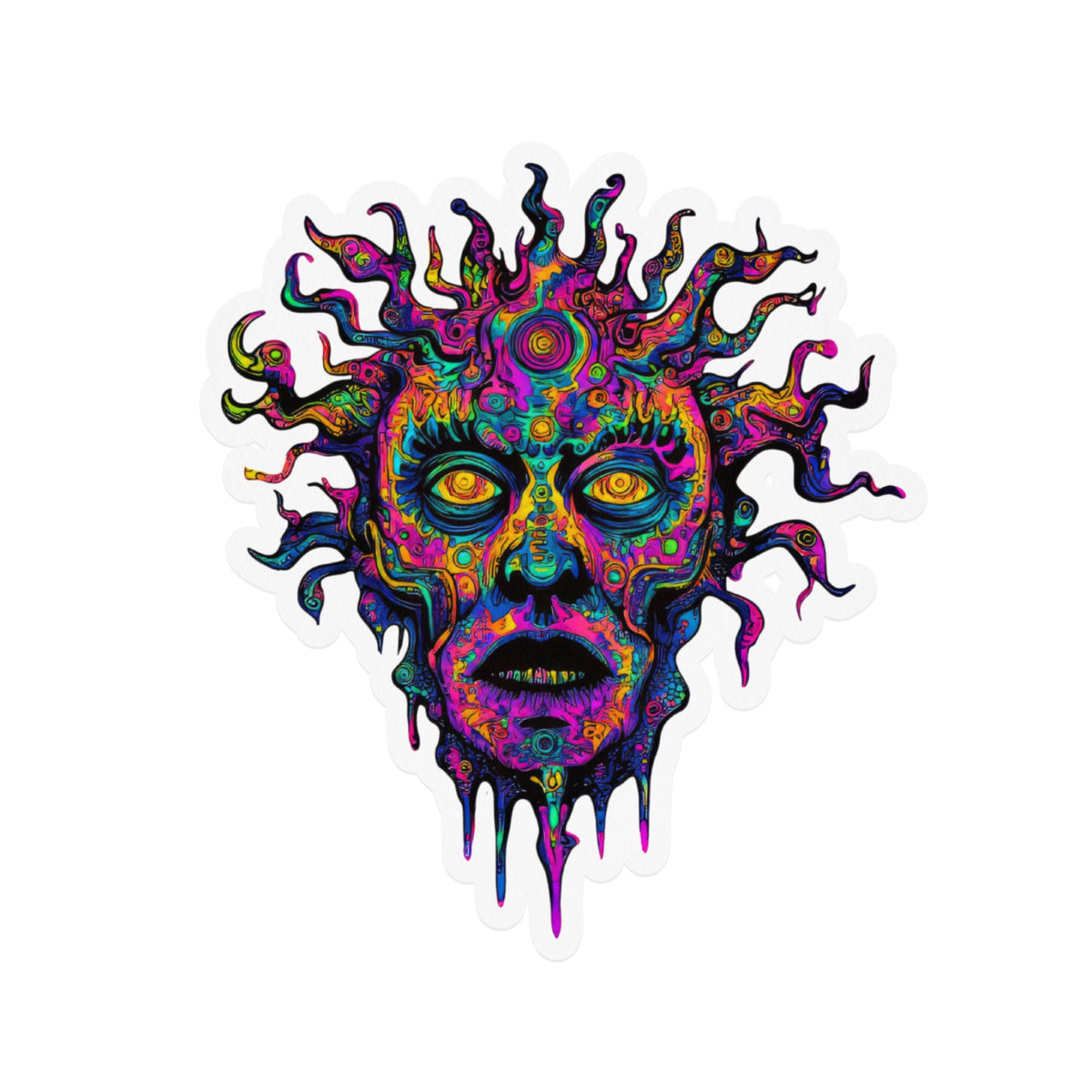 Dripping psychedelic sun face with swirling tendrils in vibrant colors.