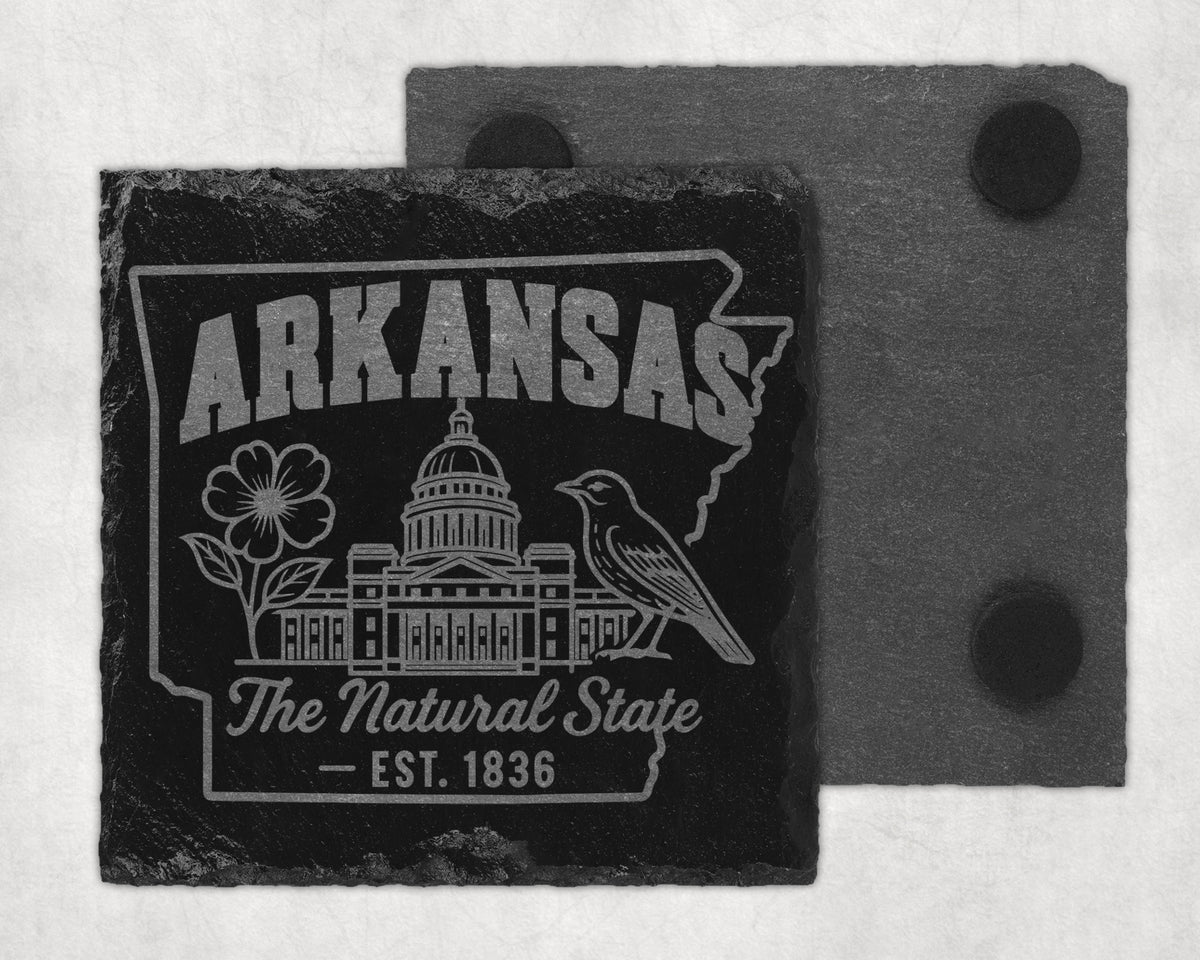 Slate coaster with Arkansas outline, capitol building, flower, bird, and "The Natural State EST. 1836."